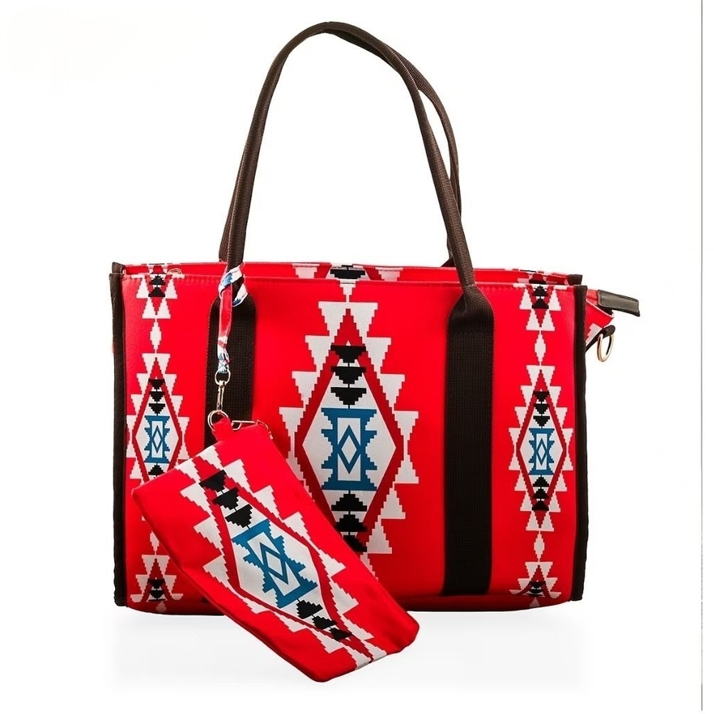 Red Charming Bohemian Pattern Set of Tote Bag 14.96"x11.02") and Wrist Bag (8.27